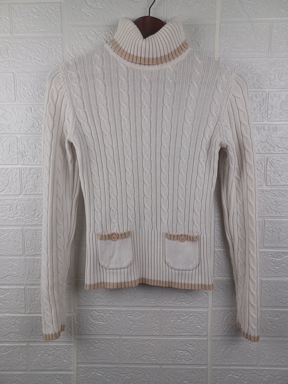 LOFT Cream Cable-Knit Turtleneck Sweater with Tan Trim